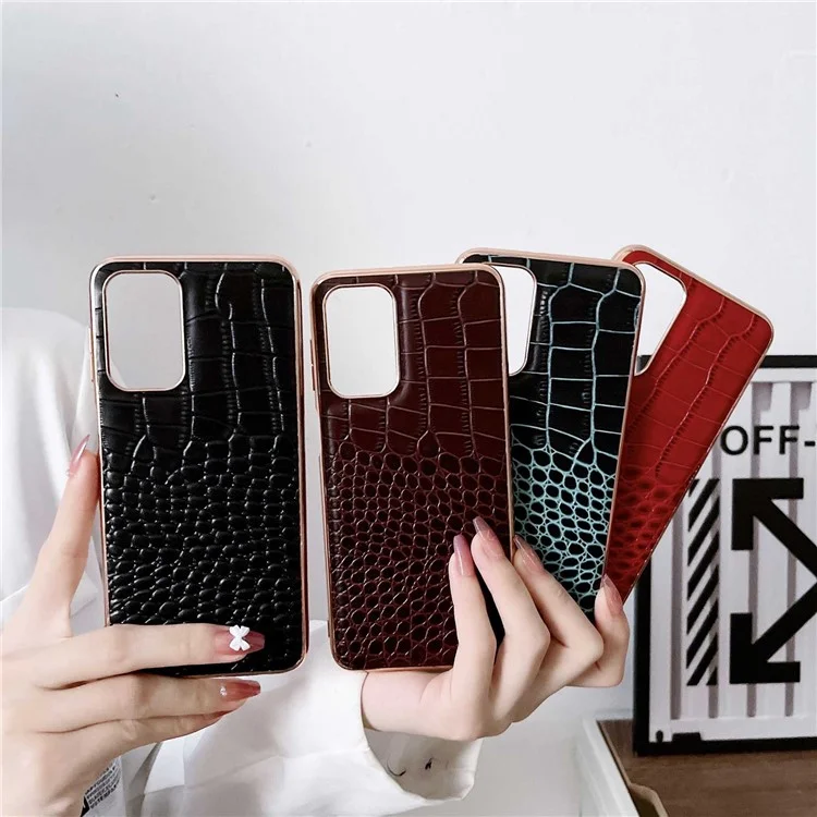 Gold Crocodile -serie Elektroplierendes Telefongehäuse Für Samsung Galaxy A13 4G, Echtes Cowhide -leder+tpu+pc Shell - Schwarz