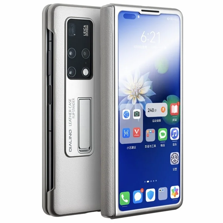 Qialino Para Huawei Mate X2 Smart Automático Acordar / Visualização do Sono Capa de Telefone da Janela Capa Genuína de Couro Anti-gotas de Couro Com Chuteiro Oculto - Cinza Claro