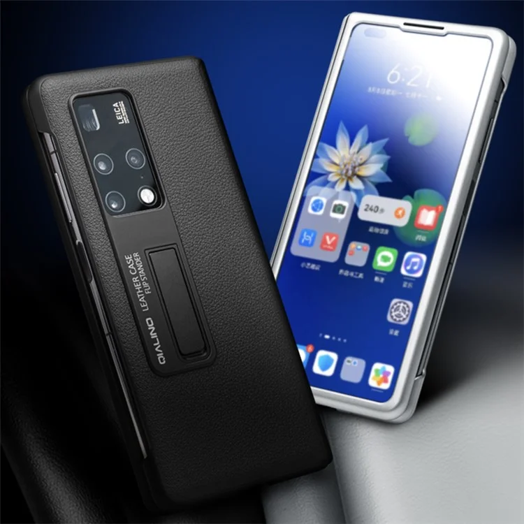 Qialino Para Huawei Mate X2 Smart Automático Acordar / Visualização do Sono Capa de Telefone da Janela Capa Genuína de Couro Anti-gotas de Couro Com Chuteiro Oculto - Cinza Claro