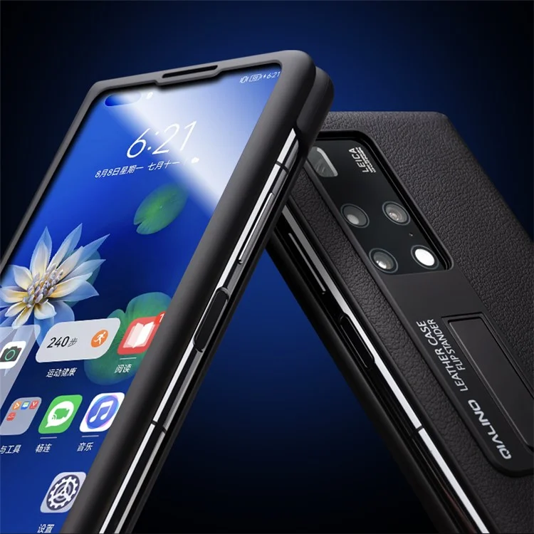 Qialino Para Huawei Mate X2 Smart Automático Acordar / Visualização do Sono Capa de Telefone da Janela Capa Genuína de Couro Anti-gotas de Couro Com Chuteiro Oculto - Cinza Claro