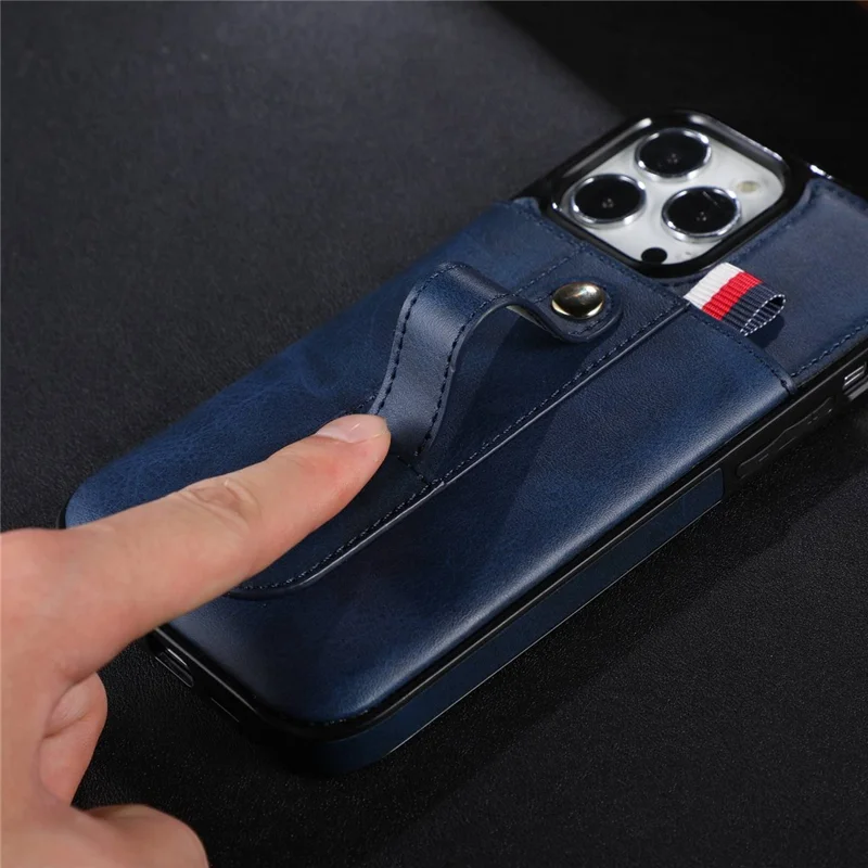 For iPhone 13 Pro 6.1 inch PU Leather Coated TPU Phone Shell Card Slot Grip Strap Kickstand Protective Cover - Blue