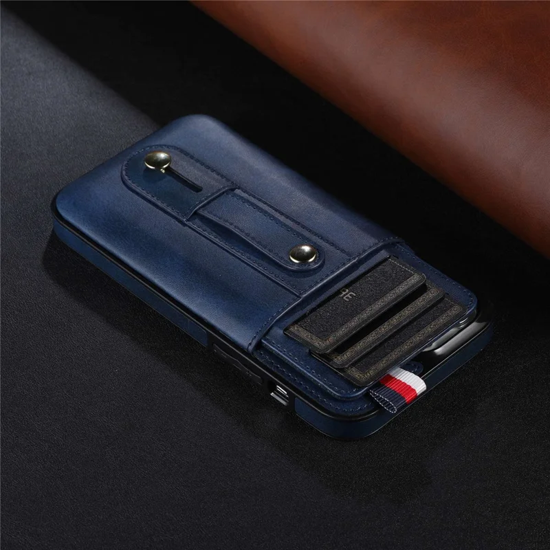 For iPhone 13 Pro 6.1 inch PU Leather Coated TPU Phone Shell Card Slot Grip Strap Kickstand Protective Cover - Blue