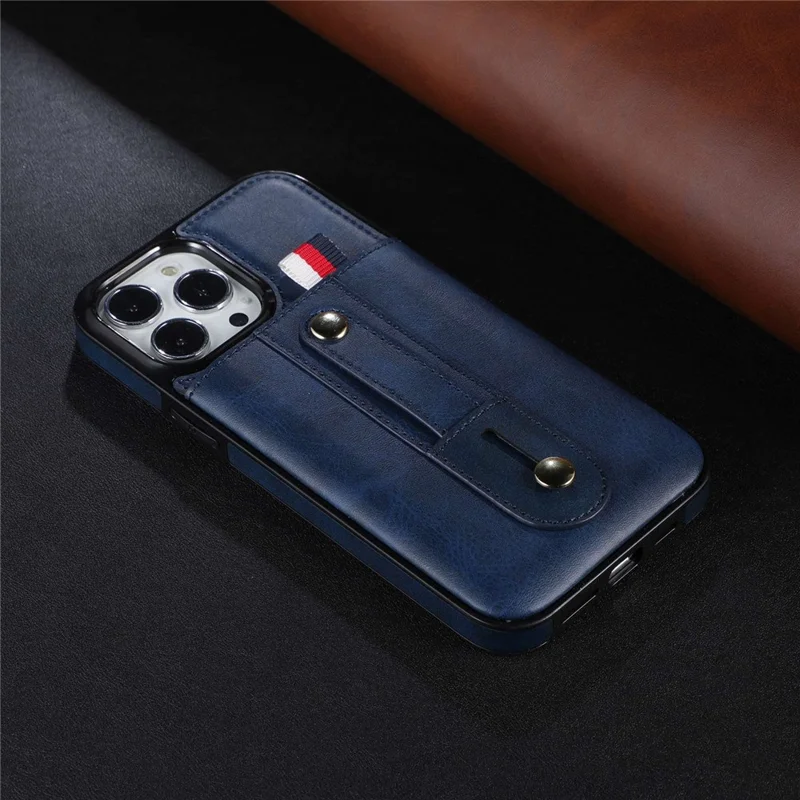 For iPhone 13 Pro 6.1 inch PU Leather Coated TPU Phone Shell Card Slot Grip Strap Kickstand Protective Cover - Blue