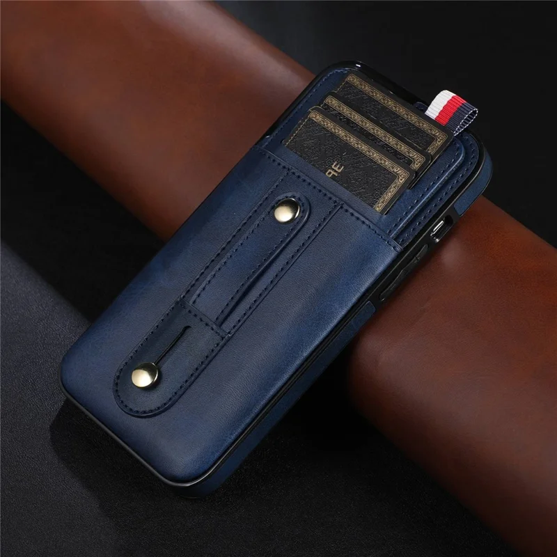 For iPhone 13 Pro 6.1 inch PU Leather Coated TPU Phone Shell Card Slot Grip Strap Kickstand Protective Cover - Blue