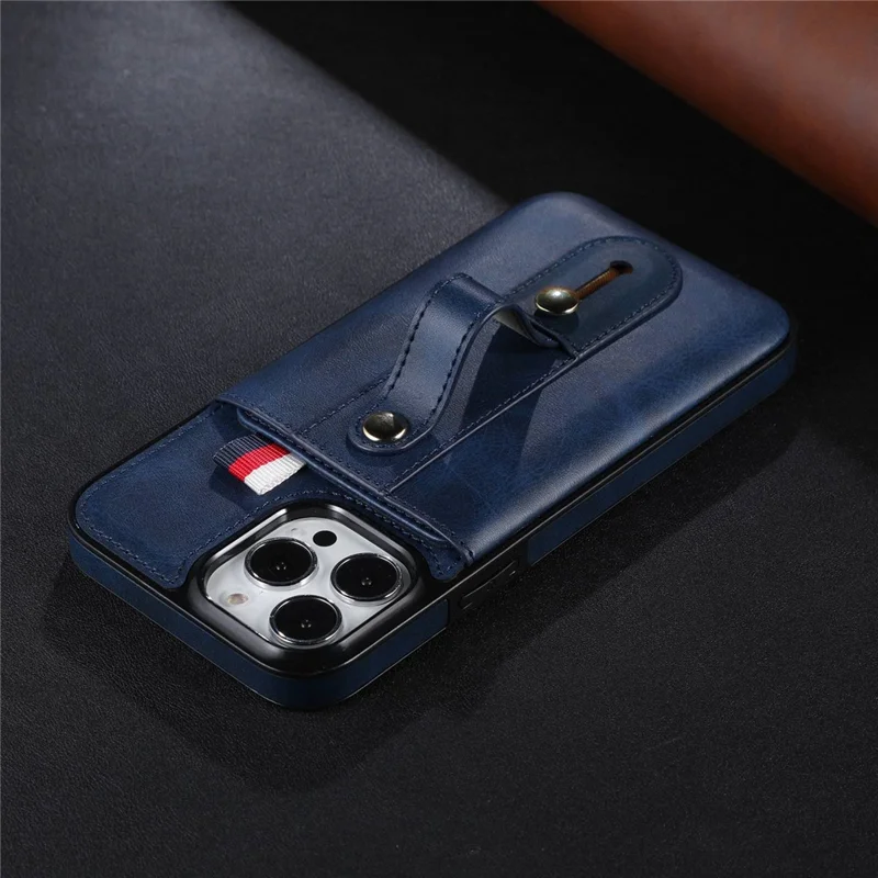 For iPhone 13 Pro 6.1 inch PU Leather Coated TPU Phone Shell Card Slot Grip Strap Kickstand Protective Cover - Blue