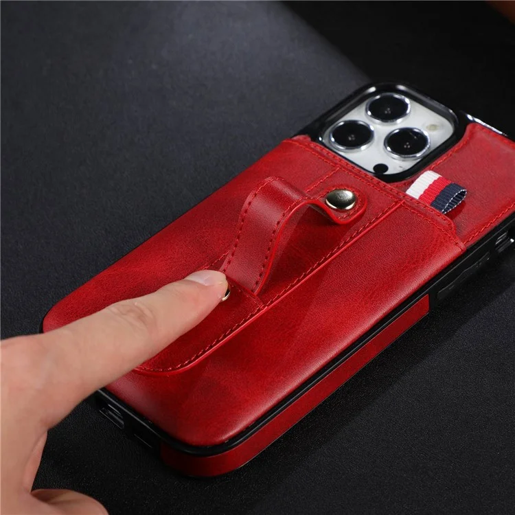 For iPhone 14 6.1 inch Anti-scratch Mobile Phone Shell Card Slot Kickstand Hand Grip Strap Design PU Leather+TPU Case - Red