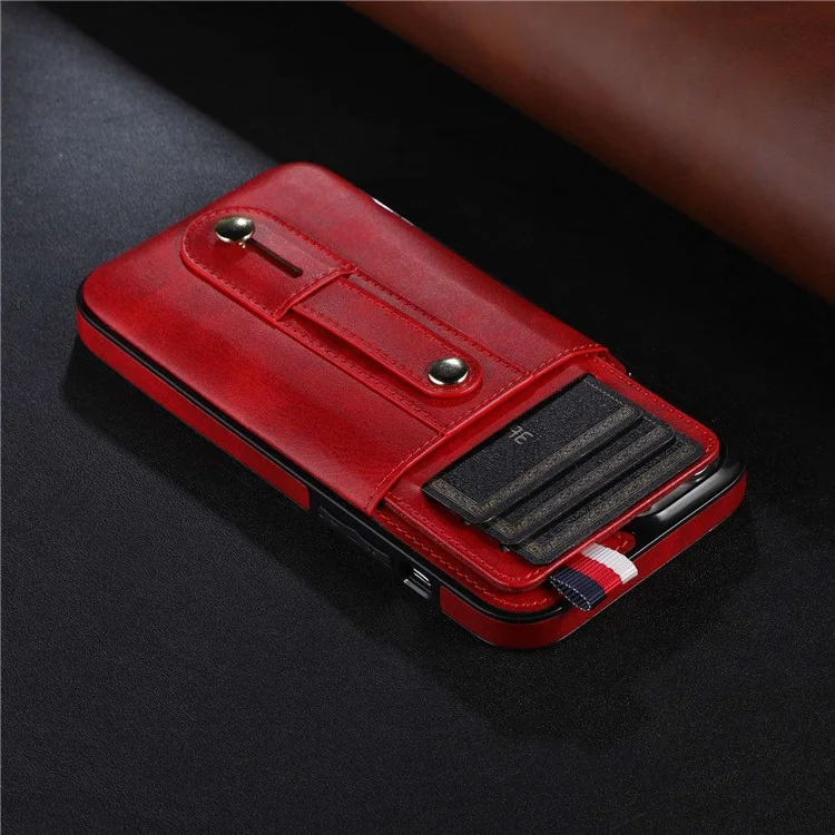 For iPhone 14 6.1 inch Anti-scratch Mobile Phone Shell Card Slot Kickstand Hand Grip Strap Design PU Leather+TPU Case - Red