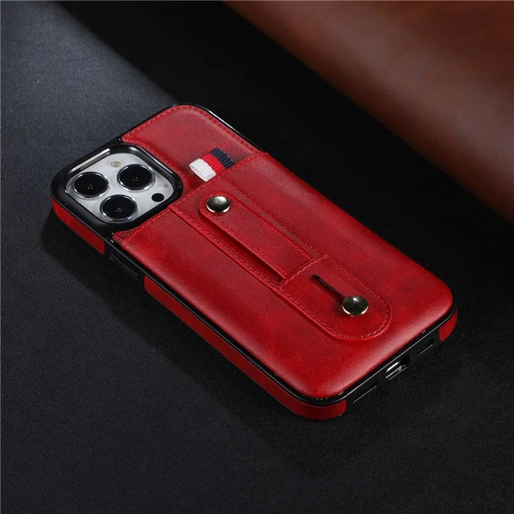 For iPhone 14 6.1 inch Anti-scratch Mobile Phone Shell Card Slot Kickstand Hand Grip Strap Design PU Leather+TPU Case - Red
