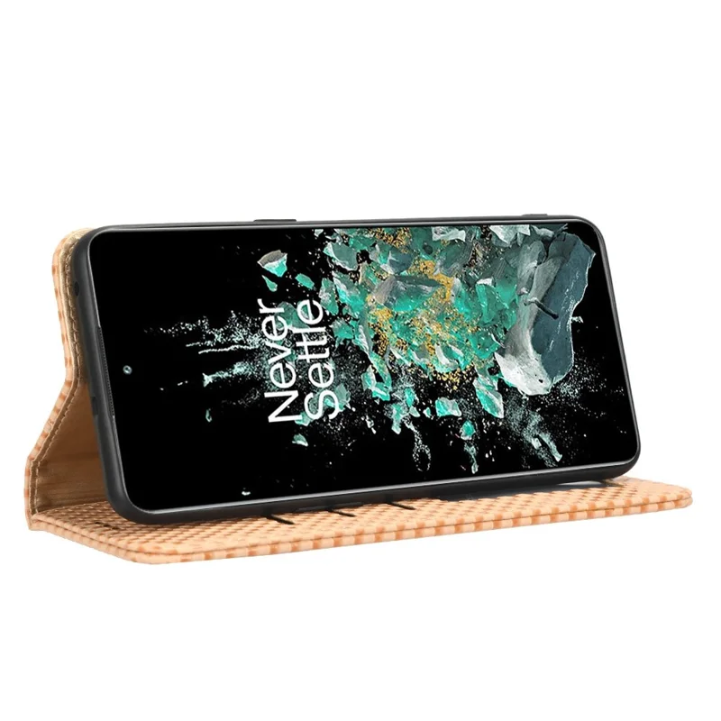Cover per telefono a portafoglio pieghevole per OnePlus 10T 5G / Ace Pro 5G, custodia protettiva con supporto in ecopelle con texture a griglia, chiusura magnetica automatica - Beige
