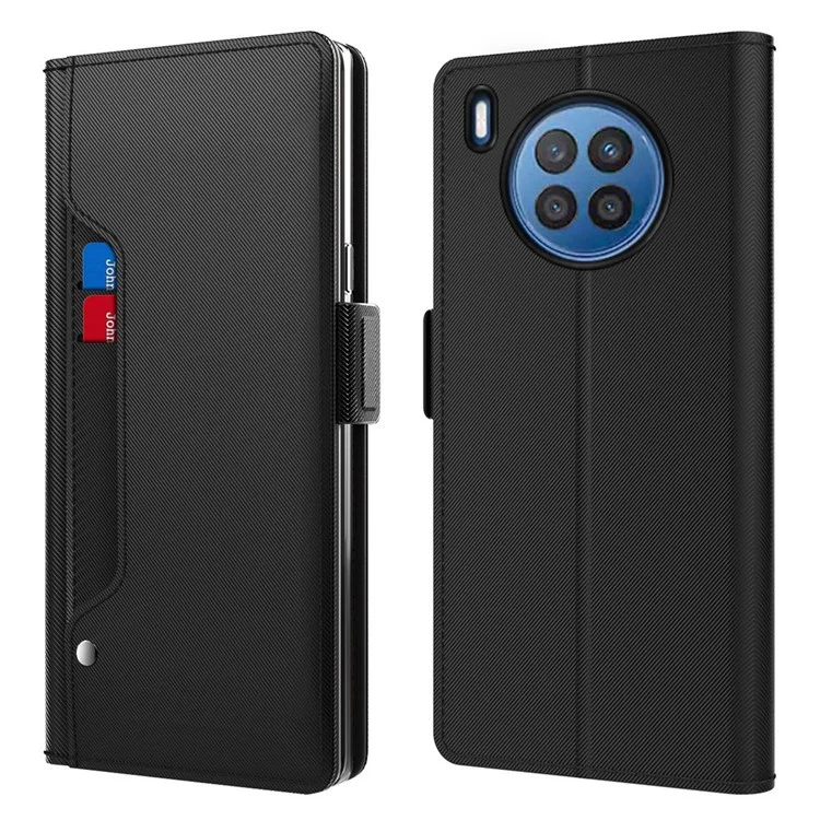 Étui de protection complet pour Huawei nova 8i / Honor 50 Lite, étui de téléphone à fermeture magnétique avec miroir de maquillage, fente pour carte, coque en cuir PU+TPU - Noir