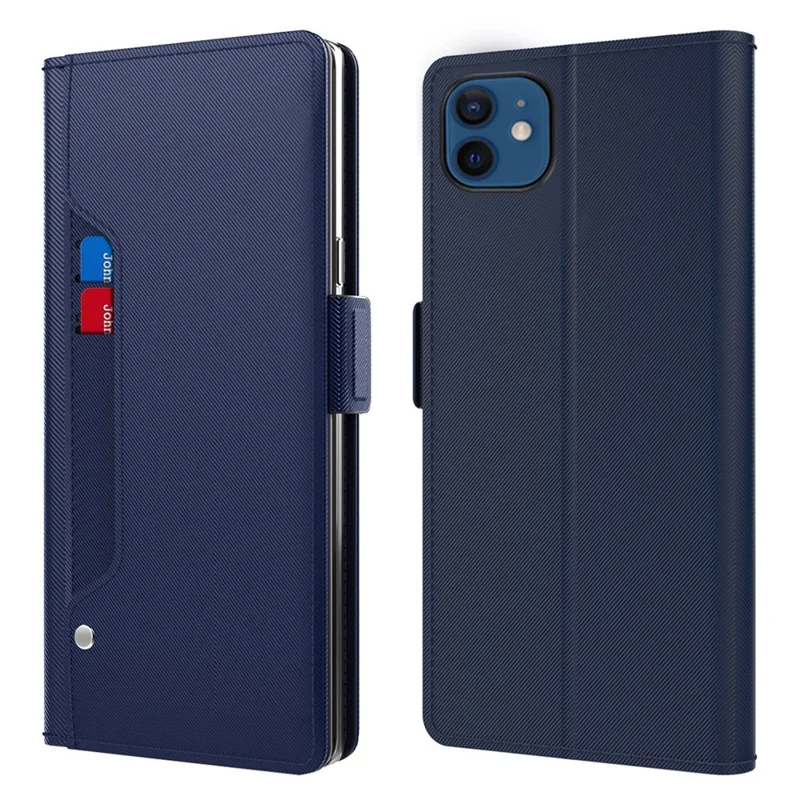 Shockproof Phone Case For iPhone 12 / 12 Pro 6.1 inch, Makeup Mirror Magnetic Closure Phone Flip Leather Cover with Card Slots - Blue