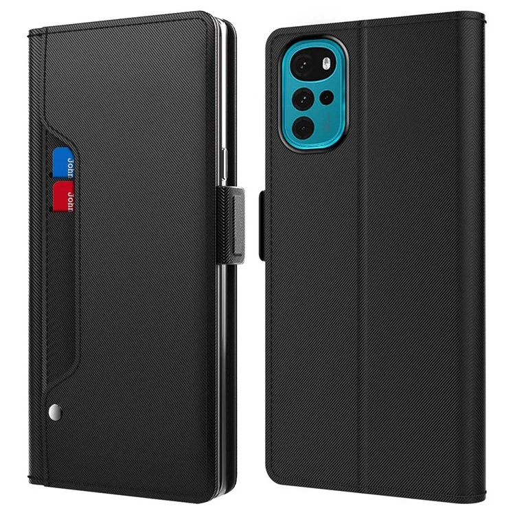 Para Motorola Moto G22 PU Leather+TPU Stand Card Holder Mobile Phone Case Magnetic Shell with Makeup Mirror - Black