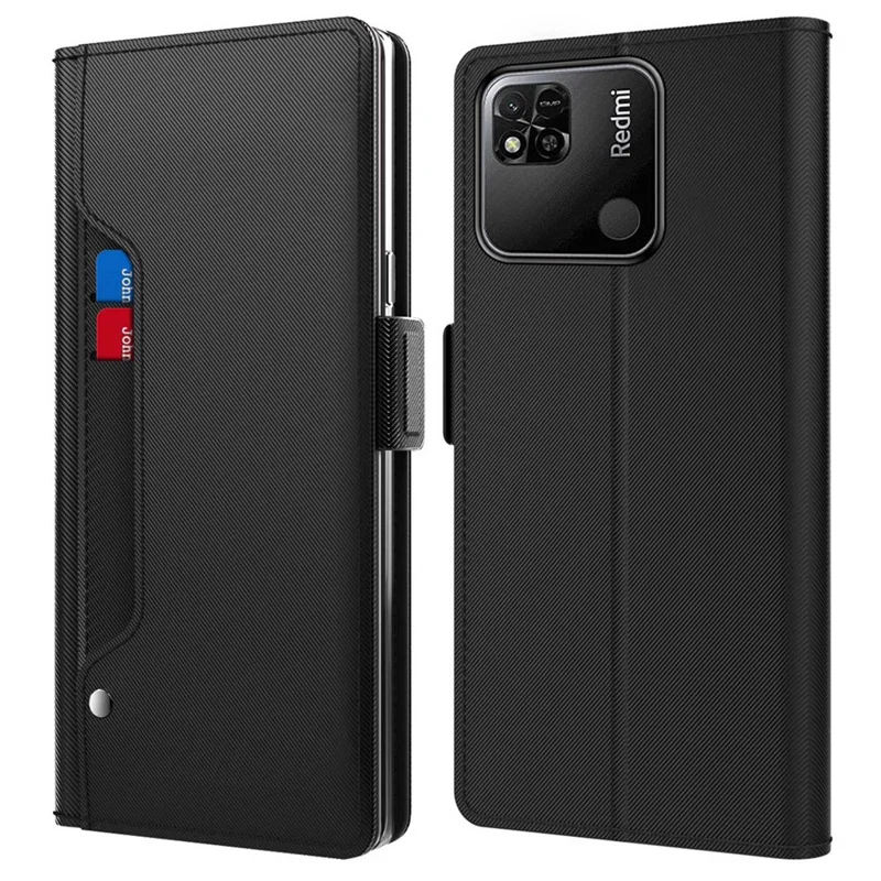 Pour Xiaomi Redmi 9C / 9C NFC / 10A Stand Makeup Mirror Design Anti-drop Magnetic PU Leather+TPU Protective Case Shell with Card Holder - Noir