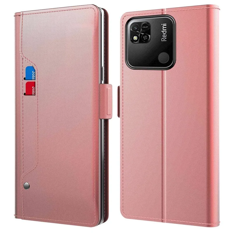 Para Xiaomi Redmi 9C / 9C NFC / 10A Stand Makeup Mirror Design Anti-drop Magnetic PU Leather+TPU Protective Case Shell with Card Holder - Rose Gold