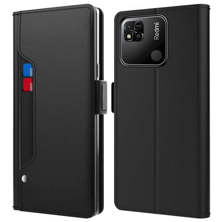 Для Xiaomi Redmi 10C 4G PU Leather Stand Card Holder Phone Case Drop-proof Magnetic Protector with Makeup Mirror - Black