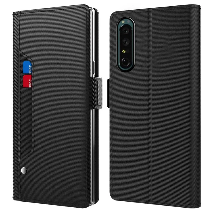 Para Sony Xperia 1 II Stand Suporte para Cartão Folio Flip Phone Case Anti-queda PU Leather+TPU Capa Magnética com Espelho de Maquiagem - Preto