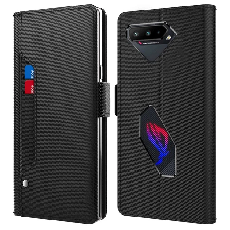 For Asus ROG Phone 5 Mirror Function Magnetic Closure PU Leather Phone Case Folio Flip Stand Card Holder Cover - Black