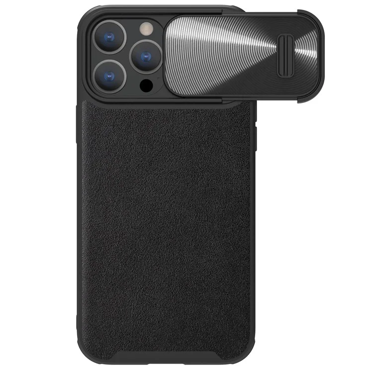 Nillkin Per Iphone 13 Pro Max 6,7 Pollici PC Rivestito in Pelle PU + TPU Slide Copertura Della Telecamera Cover Antidrop Plector Shell Protector - Nero
