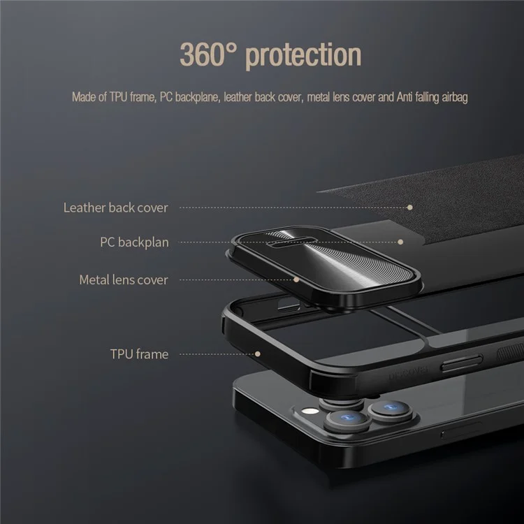 Nillkin Per Iphone 13 Pro Max 6,7 Pollici PC Rivestito in Pelle PU + TPU Slide Copertura Della Telecamera Cover Antidrop Plector Shell Protector - Nero