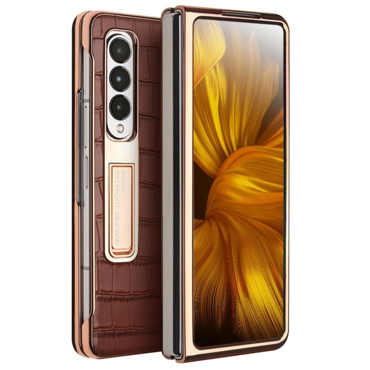 Qialino Para Samsung Galaxy Z Fold3 5G Textura de Crocodilo - Castanho