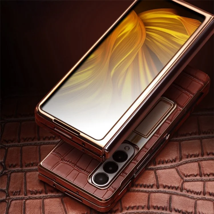 Qialino Para Samsung Galaxy Z Fold3 5G Textura de Crocodilo - Castanho