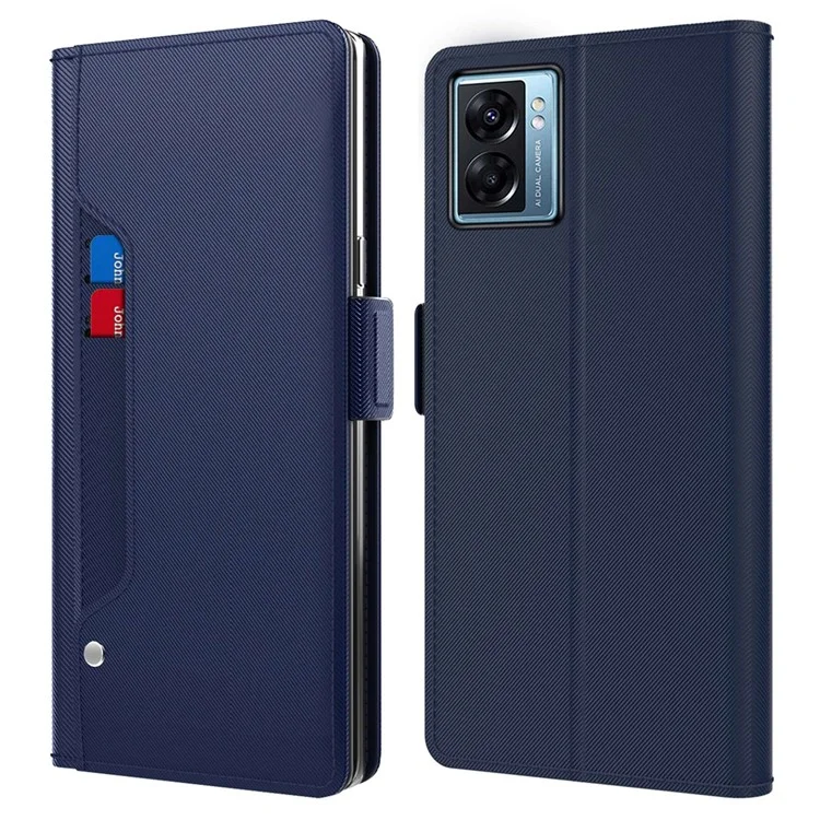 Capa de Couro PU para Oppo A77 5G / A57 (2022) 5G, Função de Espelho Fecho Magnético Capa de Telefone com Slots para Cartões e Suporte - Azul