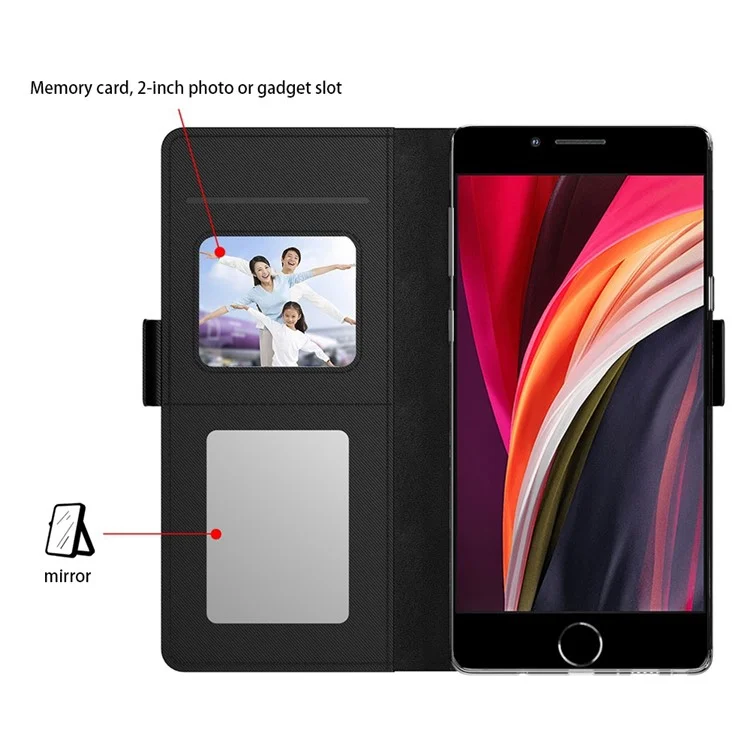 For iPhone SE (2022) / (2020) / 7 / 8 4.7 inch Makeup Mirror Protective Phone Cover PU Leather Stand Card Holder Shockproof Case - Black