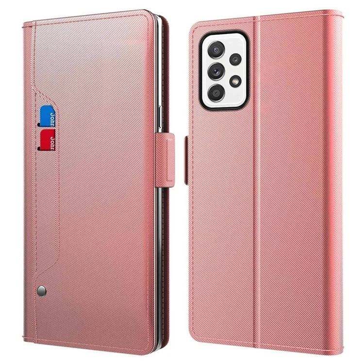 Para Samsung Galaxy A52 4G / 5G / A52s 5G Makeup Mirror Stand Leather Case Card Holder Magnetic Clasp Phone Cover - Rose Gold