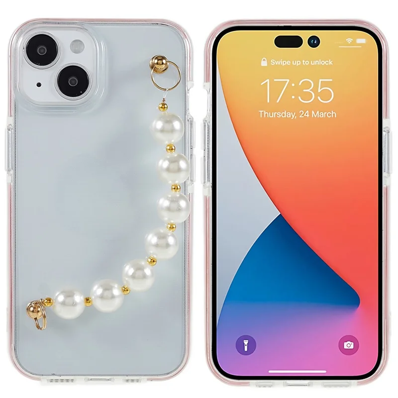 Protective Case for iPhone 14 6.1 inch Dual Color TPU Phone Case with Strap Anti-drop Phone Cover - Pearl Strap