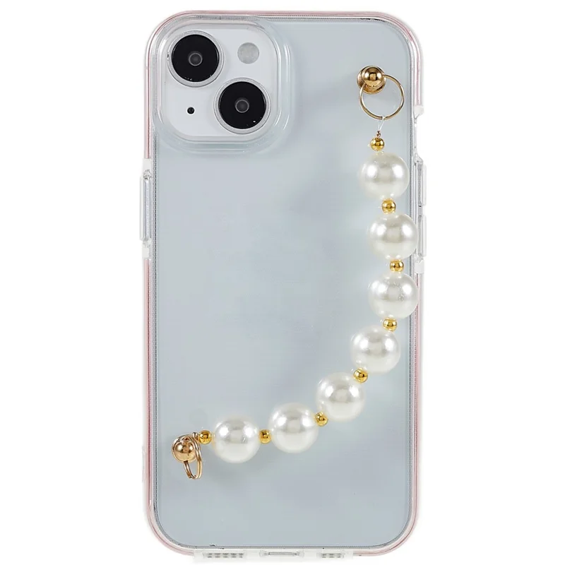 Protective Case for iPhone 14 6.1 inch Dual Color TPU Phone Case with Strap Anti-drop Phone Cover - Pearl Strap
