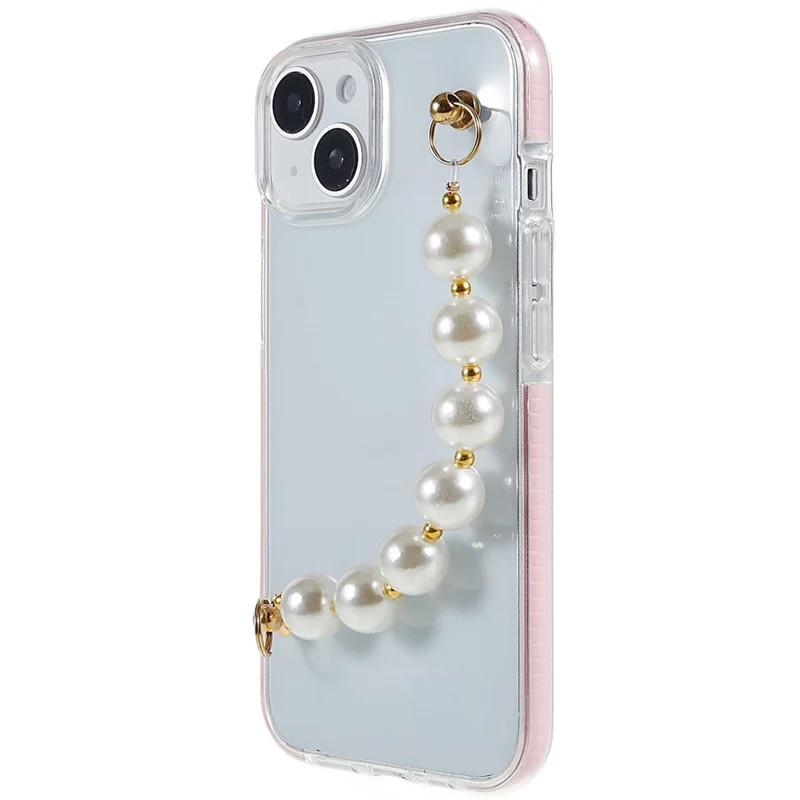 Protective Case for iPhone 14 6.1 inch Dual Color TPU Phone Case with Strap Anti-drop Phone Cover - Pearl Strap