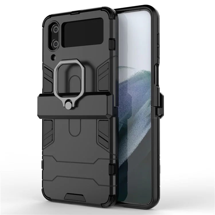 Pour Samsung Galaxy Z Flip4 5G Rotatable Ring Holder Kickstand Phone Case Kickstand Hard PC Soft TPU Shock Absorption Cover - Noir