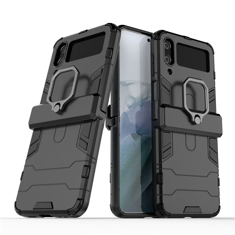 Pour Samsung Galaxy Z Flip4 5G Rotatable Ring Holder Kickstand Phone Case Kickstand Hard PC Soft TPU Shock Absorption Cover - Noir