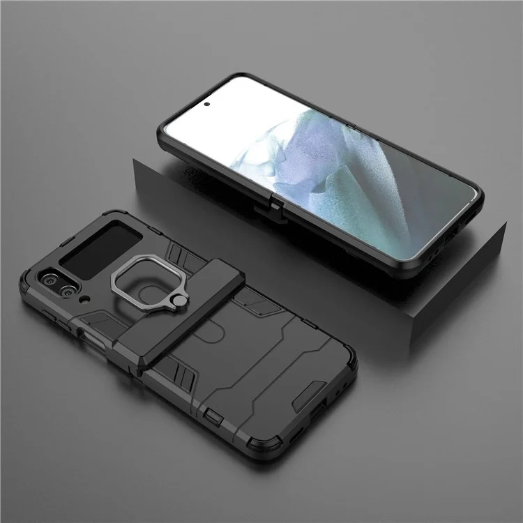 Pour Samsung Galaxy Z Flip4 5G Rotatable Ring Holder Kickstand Phone Case Kickstand Hard PC Soft TPU Shock Absorption Cover - Noir