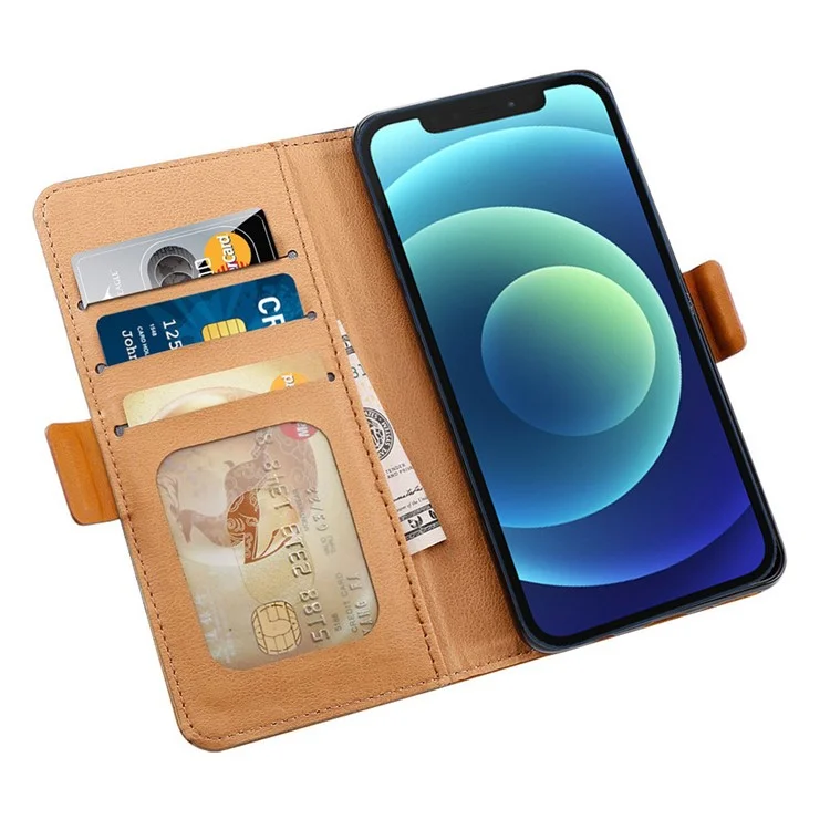 Per Iphone 12/12 Pro 6,1 Pollici di Chiusura Magnetica Colore di Giunzione Telefono Flip Portafoglio in Pelle PU Coperchi - Marrone