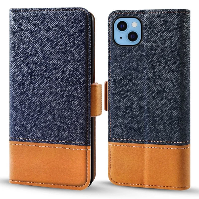 For iPhone 12 / 12 Pro 6.1 inch Magnetic Closure Color Splicing Phone Case Flip Wallet Stand PU Leather + TPU Protective Cover - Blue