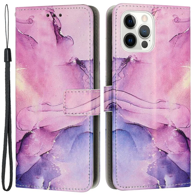 Pour Iphone 14 Pro Max 6,7 Pouces de Marbre Père Imprimerie Anti-drop Phone Case pu Leather Wallet Stand Flio Flip Cover Avec Sangle - Violet