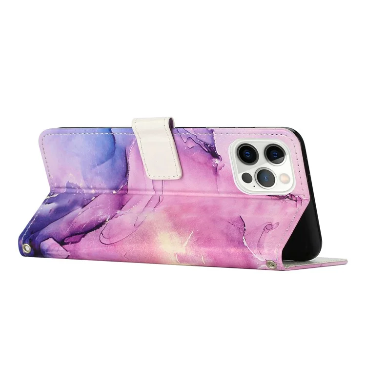 Pour Iphone 14 Pro Max 6,7 Pouces de Marbre Père Imprimerie Anti-drop Phone Case pu Leather Wallet Stand Flio Flip Cover Avec Sangle - Violet