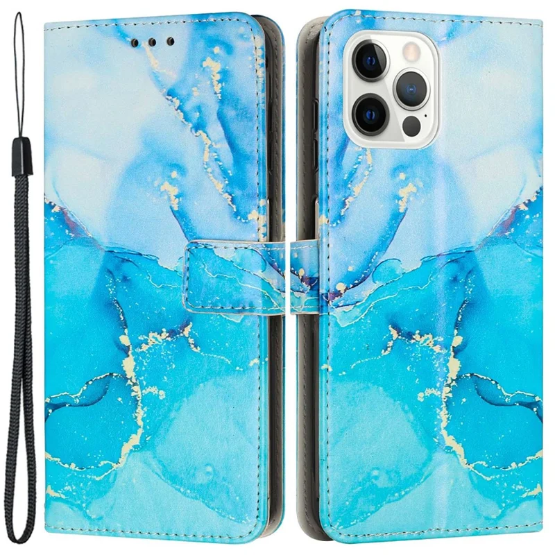 For iPhone 14 Pro Max 6.7 inch Marble Pattern Printing Anti-drop Phone Case PU Leather Wallet Stand Folio Flip Cover with Strap - Blue / Green
