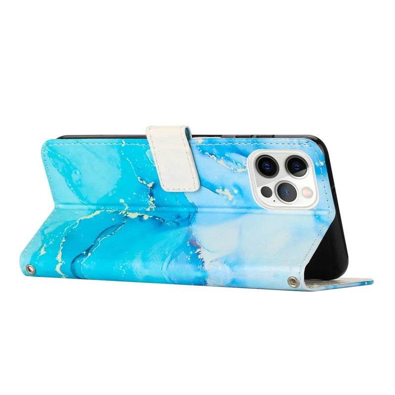 For iPhone 14 Pro Max 6.7 inch Marble Pattern Printing Anti-drop Phone Case PU Leather Wallet Stand Folio Flip Cover with Strap - Blue / Green
