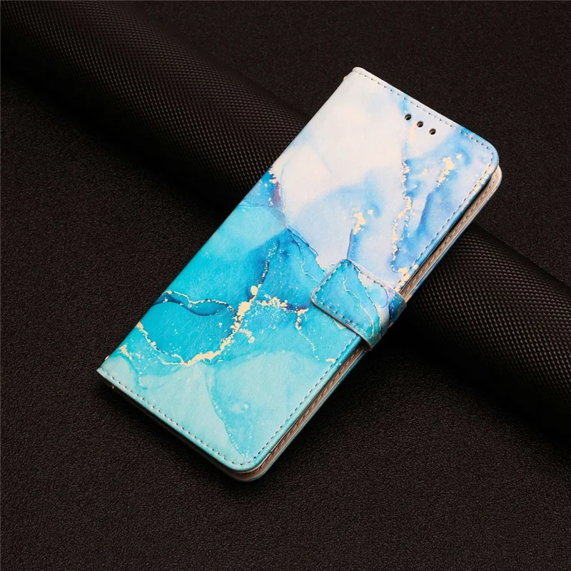 For iPhone 14 Pro Max 6.7 inch Marble Pattern Printing Anti-drop Phone Case PU Leather Wallet Stand Folio Flip Cover with Strap - Blue / Green