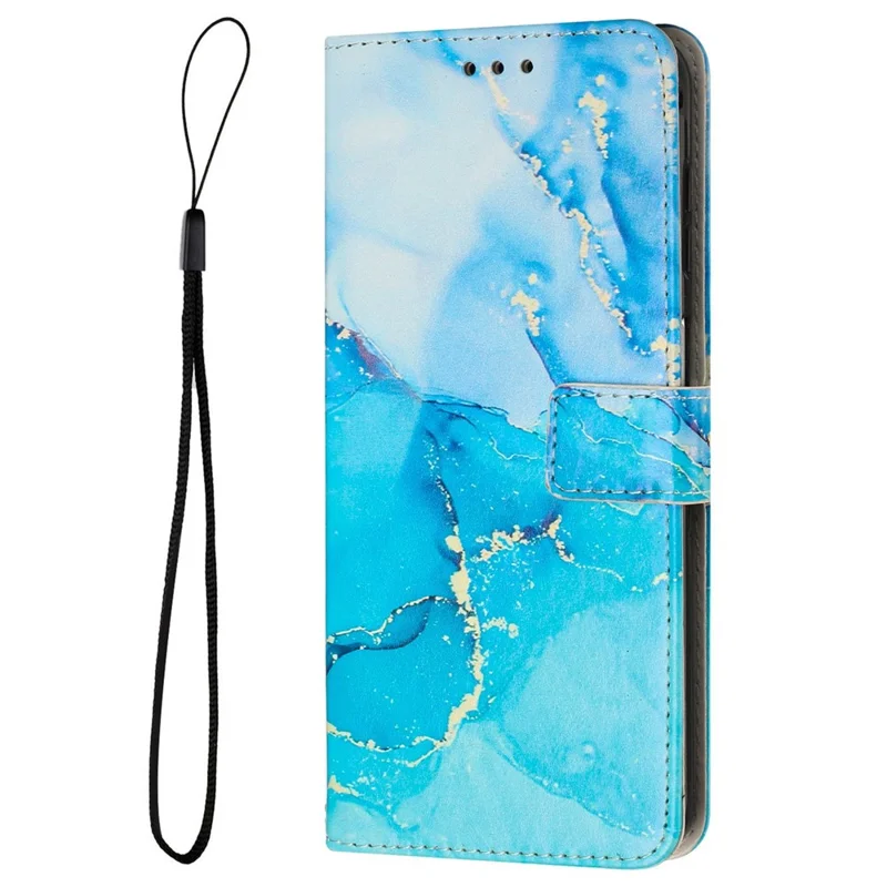 For iPhone 14 Pro Max 6.7 inch Marble Pattern Printing Anti-drop Phone Case PU Leather Wallet Stand Folio Flip Cover with Strap - Blue / Green