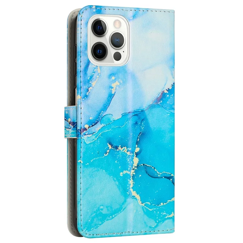 For iPhone 14 Pro Max 6.7 inch Marble Pattern Printing Anti-drop Phone Case PU Leather Wallet Stand Folio Flip Cover with Strap - Blue / Green
