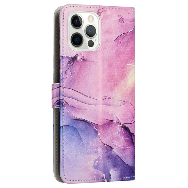 Für iPhone 14 Pro 6.1 Zoll Marble Pattern Printing PU Leather Case Magnetic Clasp Wallet Stand Inner TPU Phone Cover with Strap - Lila