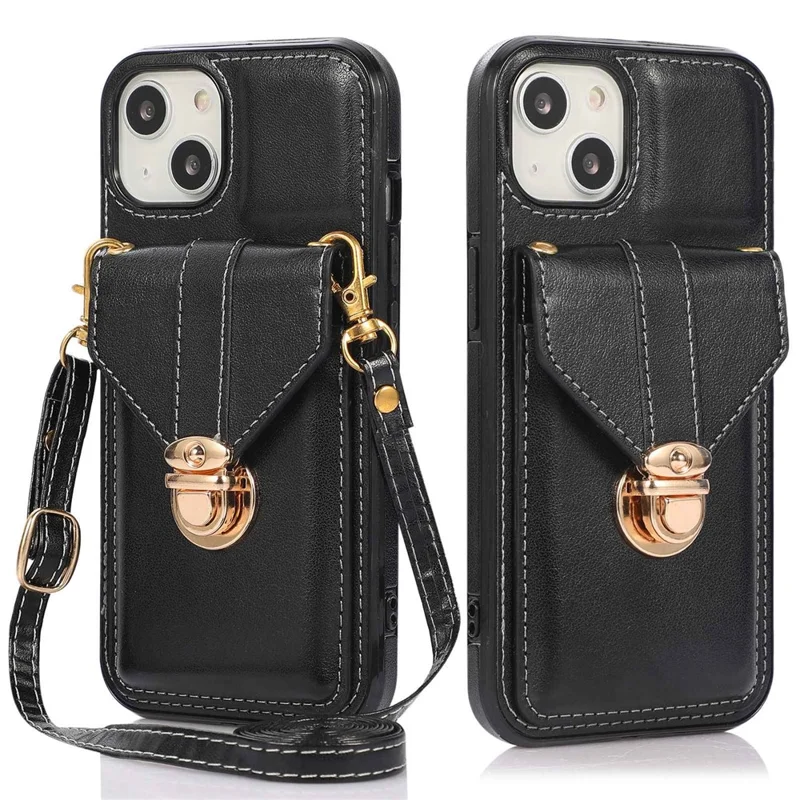 For iPhone 14 6.1 inch Anti-scratch Phone Cover PU Leather+TPU Card Holder Kickstand Phone Case with Shoulder Strap - Black