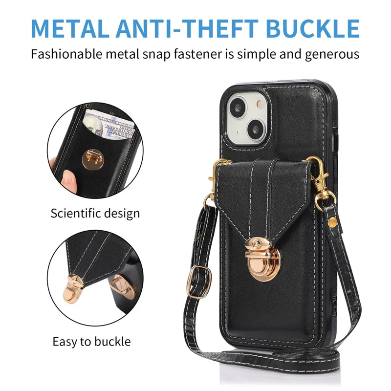 For iPhone 14 6.1 inch Anti-scratch Phone Cover PU Leather+TPU Card Holder Kickstand Phone Case with Shoulder Strap - Black