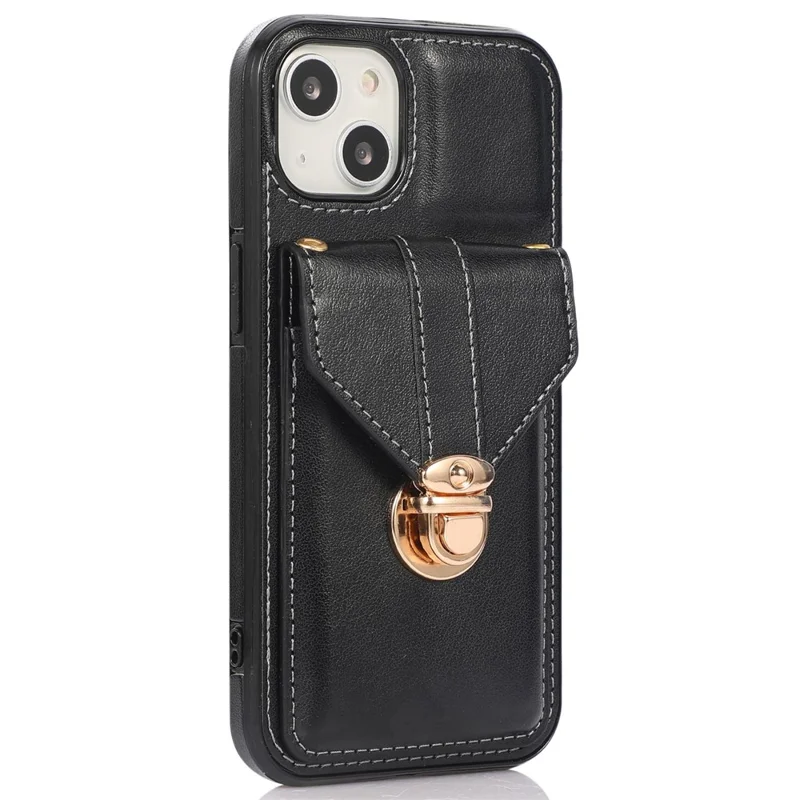 For iPhone 14 6.1 inch Anti-scratch Phone Cover PU Leather+TPU Card Holder Kickstand Phone Case with Shoulder Strap - Black