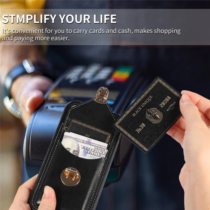 For iPhone 14 6.1 inch Anti-scratch Phone Cover PU Leather+TPU Card Holder Kickstand Phone Case with Shoulder Strap - Black