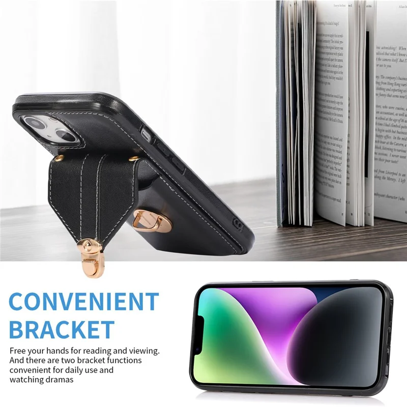 For iPhone 14 6.1 inch Anti-scratch Phone Cover PU Leather+TPU Card Holder Kickstand Phone Case with Shoulder Strap - Black