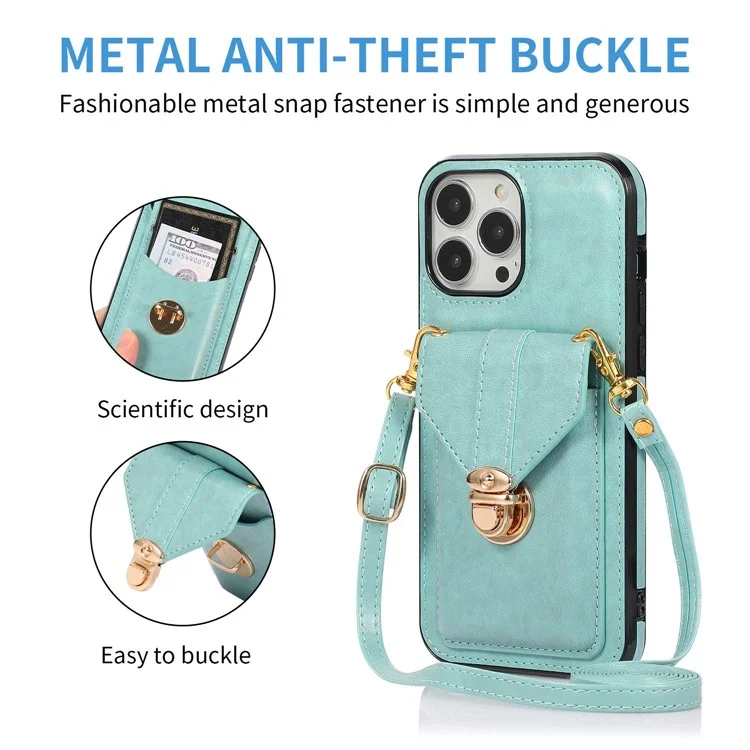 Handyabdeckung Für Iphone 14 Pro 6.1 Zoll, PU Leder+tpu Cash Coin Card Holder Kickstand Telefonhülle Mit Schultergurt - Grün